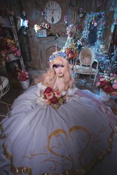 Size: 1440x2160 | Tagged: safe, artist:le-atlass, princess cadance, human, g4, bouquet, clothes, cosplay, costume, dress, floral head wreath, flower, irl, irl human, looking at you, photo, solo
