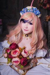 Size: 1440x2160 | Tagged: safe, artist:le-atlass, princess cadance, human, g4, bouquet, clothes, cosplay, costume, dress, floral head wreath, flower, irl, irl human, looking at you, photo, solo