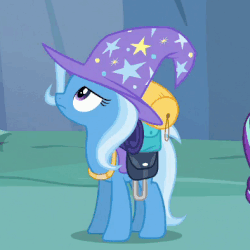Size: 394x394 | Tagged: safe, screencap, discord, starlight glimmer, trixie, pony, unicorn, g4, to where and back again, animated, female, gif, looking up, mare, solo focus, trixie is not amused, trixie's hat, unamused, unhappy