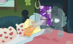 Size: 4840x2896 | Tagged: safe, artist:glitterstar2000, applejack, ghost, pony, g4, applejack's parents, bed, bedroom, bittersweet, crying, eyes closed, night, pear butter's ghost, sleeping, window