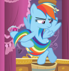 Size: 643x663 | Tagged: safe, screencap, rainbow dash, pegasus, pony, g4, make new friends but keep discord, annoyed, card, cropped, female, flying, frown, glare, holding, looking down, mare, multicolored mane, multicolored tail, narrowed eyes, playing card, rainbow dash is not amused, solo, spread wings, tail hold, unamused, yank