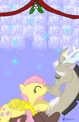 Size: 512x792 | Tagged: safe, artist:rm-keyblade-mistress, discord, fluttershy, g4, christmas, kissing, male, mistleholly, ship:discoshy, shipping, straight