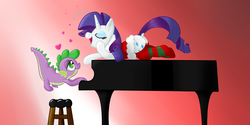 Size: 4400x2200 | Tagged: safe, artist:yakoshi, rarity, spike, pony, unicorn, g4, christmas, clothes, dock, heart, hearth's warming eve, high res, male, musical instrument, piano, ship:sparity, shipping, singing, socks, song, straight, striped socks