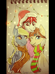 Size: 1500x2000 | Tagged: safe, artist:sparklyon3, oc, oc only, oc:amato, oc:ellie, oc:windswept skies, earth pony, pegasus, pony, rcf community, animated, braid, bust, christmas lights, clothes, festive, gif, grin, hat, hug, letterboxing, looking at each other, looking at you, male, notepad, one eye closed, santa hat, scarf, simple background, smiling, snow, snowfall, stallion, traditional art, trio, white background, wink