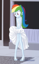 Size: 655x1060 | Tagged: safe, artist:carnifex, edit, rainbow dash, equestria girls, g4, blushing, breasts, cleavage, clothes, covering, dress, ear piercing, earring, embarrassed, female, high heels, jewelry, marilyn monroe, piercing, rainbow dash always dresses in style, skirt, skirt blow, skirt lift, solo, the seven year itch, tomboy taming, torn clothes, wind