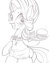 Size: 625x800 | Tagged: safe, artist:k-nattoh, starlight glimmer, anthro, semi-anthro, g4, arm hooves, breasts, female, food, hooters, monochrome, solo