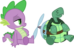 Size: 4592x3001 | Tagged: safe, artist:cloudy glow, spike, tank, dragon, reptile, tortoise, g4, tanks for the memories, duo, duo male, high res, male, simple background, sitting, spike is not amused, transparent background, unamused, vector, wingless spike