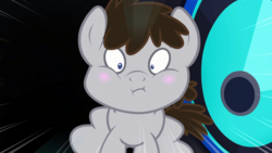Size: 1366x768 | Tagged: safe, screencap, truffle shuffle, earth pony, pony, g4, slice of life (episode), blushing, colt, foal, male, puffy cheeks, silly, silly pony, solo, speaker