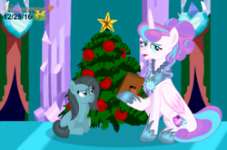 Size: 3313x2201 | Tagged: safe, artist:cinnamon-swirls, princess flurry heart, oc, oc:pebblestone pie, g4, christmas tree, crying, eyeshadow, high res, jewelry, makeup, necklace, offspring, older, older flurry heart, parent:cheese sandwich, parent:pinkie pie, parents:cheesepie, picture frame, regalia, sad, story in the source, tree