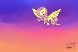 Size: 2100x1400 | Tagged: safe, artist:silversthreads, fluttershy, pony, g4, female, flying, solo, sunset
