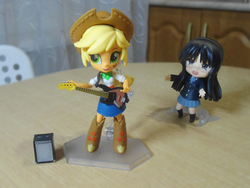 Size: 2000x1500 | Tagged: safe, applejack, equestria girls, g4, akiyama mio, bass guitar, blushing, bootleg, clothes, crying, doll, equestria girls minis, eqventures of the minis, guitar, irl, k-on, musical instrument, nendoroid, photo, skirt, toy