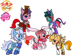 Size: 1600x1200 | Tagged: safe, artist:omegaridersangou, fizzy, galaxy (g1), lofty, north star (g1), wind whistler, g1, g4, clothes, cosplay, costume, cure chocolat, cure custard, cure gelato, cure macaron, cure whip, g1 to g4, generation leap, kirakira precure a la mode, my little pony logo, precure, pretty cure