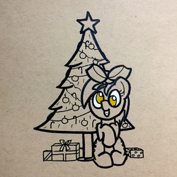 Size: 1334x1334 | Tagged: safe, artist:ashtoneer, derpy hooves, pegasus, pony, g4, bow, christmas, christmas presents, christmas tree, female, looking at you, mare, monochrome, partial color, smiling, solo, tree
