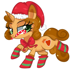 Size: 1720x1670 | Tagged: safe, artist:peachesandcreamated, oc, oc only, oc:autumn science, pony, unicorn, bow, candy, candy cane, clothes, female, food, hat, mare, mouth hold, santa hat, simple background, socks, solo, striped socks, transparent background, ych result