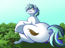 Size: 1280x940 | Tagged: safe, artist:askcolorflare, oc, oc only, oc:snap fable, oc:star bright, pony, unicorn, butt, commission, duo, duo male, giant pony, macro, male, plot, pov, scenery, signature, sitting, stallion, the ass was fat, tree, underhoof