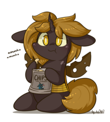 Size: 1567x1744 | Tagged: safe, artist:dsp2003, oc, oc only, oc:chips, changeling, changeling queen, blushing, brown changeling, changeling oc, changeling queen oc, chibi, chips, cute, eating, female, food, simple background, solo, style emulation, transparent background