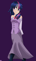 Size: 1024x1691 | Tagged: safe, artist:artfrog75, twilight sparkle, human, g4, clothes, corset, female, glasses, humanized, long skirt, looking at you, purple background, shoulderless, simple background, skirt, smiling, solo