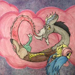 Size: 1024x1024 | Tagged: safe, artist:monochromepony625, discord, fluttershy, g4, cloud, cotton candy, cotton candy cloud, food, male, photo, ship:discoshy, shipping, straight, traditional art