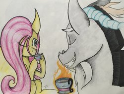 Size: 1024x776 | Tagged: safe, artist:monochromepony625, discord, fluttershy, g4, food, male, one eye closed, photo, ship:discoshy, shipping, sitting, straight, tea, traditional art