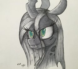Size: 1024x904 | Tagged: safe, artist:monochromepony625, queen chrysalis, changeling, changeling queen, g4, bust, female, marker drawing, monochrome, partial color, portrait, scowl, simple background, solo, traditional art, white background