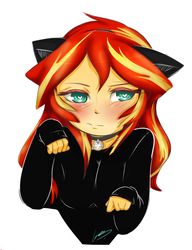 Size: 769x1003 | Tagged: safe, artist:cronavongorgon, sunset shimmer, equestria girls, g4, animal costume, behaving like a cat, blushing, cat costume, cat ears, clothes, collar, costume, female, hairband, heart eyes, nya, nyanset shimmer, pet tag, shirt, simple background, solo, white background, wingding eyes