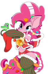 Size: 3393x5092 | Tagged: safe, artist:brony-f, gummy, pinkie pie, pony, g4, absurd resolution, bell, bipedal, christmas stocking, clothes, costume, midriff, santa costume, simple background, socks, striped socks, white background