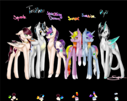 Size: 833x666 | Tagged: safe, artist:squeilaforest, oc, oc only, oc:sparkling dream, oc:squeila, black background, family, reference sheet, simple background