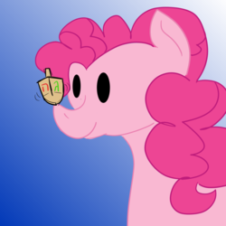 Size: 1024x1024 | Tagged: safe, artist:pansyseed, pinkie pie, earth pony, pony, g4, balancing, beady eyes, black sclera, blue background, cute, dreidel, female, gradient background, hanukkah, hebrew, judaism, mare, ponies balancing stuff on their nose, ponk, simple background, smiling, solo