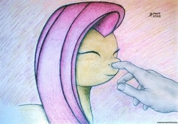 Size: 2809x1967 | Tagged: safe, artist:ponystarpony, fluttershy, human, g4, boop, bust, eyes closed, hand, smiling, traditional art