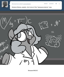 Size: 666x800 | Tagged: safe, artist:egophiliac, princess luna, pony, moonstuck, g4, chalkboard, cheese, clothes, female, filly, food, glasses, grayscale, it's magic, lab coat, magic, monochrome, science woona, shrug, solo, woona, younger