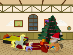 Size: 4751x3620 | Tagged: safe, artist:malte279, derpy hooves, dinky hooves, doctor whooves, time turner, pegasus, pony, g4, absurd resolution, christmas, christmas tree, doktor hooves, doktor whooves, female, hat, hearth's warming, hearth's warming eve, mare, origami, santa hat, tree