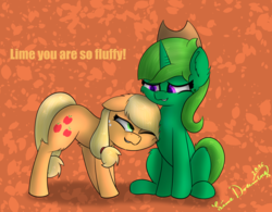 Size: 1308x1020 | Tagged: safe, artist:limedreaming, applejack, oc, oc:lime dream, pony, unicorn, g4, accessory swap, chest fluff, female, mare