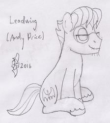 Size: 729x815 | Tagged: safe, artist:parclytaxel, leadwing, earth pony, pony, g4, andy price, facial hair, glasses, lineart, male, monochrome, pencil drawing, sitting, smiling, solo, traditional art, unshorn fetlocks