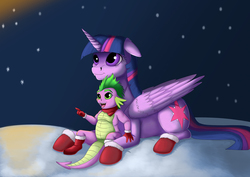 Size: 1754x1240 | Tagged: safe, artist:exelzior, spike, twilight sparkle, alicorn, dragon, pony, g4, boots, christmas, clothes, gloves, light, snow, stars, twilight sparkle (alicorn)