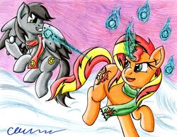 Size: 1024x792 | Tagged: safe, artist:the1king, sunset shimmer, oc, oc:silver lining, pegasus, pony, g4, block, clothes, commission, magic, scarf, signature, snow, snowball, snowball fight