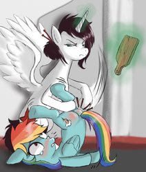 Size: 1110x1308 | Tagged: safe, artist:minalhan, rainbow dash, oc, oc:eaststern, alicorn, pegasus, pony, g4, abuse, alicorn oc, blushing, butt, dashabuse, featureless crotch, female, mare, paddle, plot, reddened butt, spanking