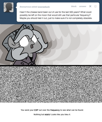 Size: 666x800 | Tagged: safe, artist:egophiliac, princess luna, pony, moonstuck, g4, ask, cartographer's cap, esp, female, filly, glowing eyes, grayscale, hat, marauder's mantle, monochrome, pun, solo, static, tumblr, woona, younger