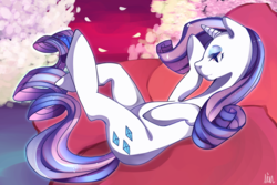 Size: 1920x1280 | Tagged: dead source, safe, artist:linglian, rarity, pony, unicorn, g4, couch, female, flower, flower petals, lying, mare, signature, solo