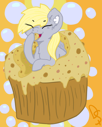 Size: 1600x2000 | Tagged: safe, artist:dogelol, artist:spudnik, derpy hooves, pegasus, pony, g4, chest fluff, cute, ear fluff, eating, female, food, happy, muffin, solo