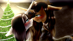 Size: 1024x574 | Tagged: safe, artist:eezie-ponie12, oc, oc only, boop, female, lesbian, mistletoe