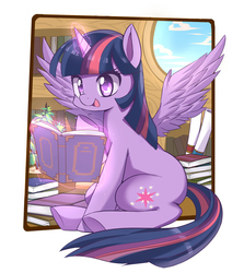 Size: 2460x2760 | Tagged: safe, artist:caibaoreturn, artist:tungstemwillow, twilight sparkle, alicorn, pony, art pack:mlp caibao, g4, book, cute, female, golden oaks library, happy, high res, levitation, magic, reading, sitting, sky, solo, spread wings, telekinesis, that pony sure does love books, twiabetes, twilight sparkle (alicorn), window, wings