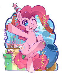 Size: 2460x2760 | Tagged: safe, artist:caibaoreturn, pinkie pie, earth pony, pony, art pack:mlp caibao, g4, confetti, cute, diapinkes, female, hat, high res, mare, one eye closed, open mouth, party cannon, party hat, party horn, smiling, solo