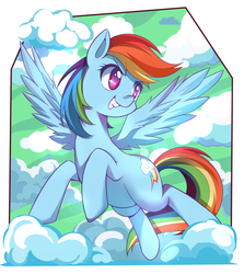 Size: 2460x2760 | Tagged: safe, artist:caibaoreturn, rainbow dash, pegasus, pony, art pack:mlp caibao, g4, backwards cutie mark, cloud, cute, dashabetes, female, flying, grin, high res, looking back, mare, smiling, solo, spread wings