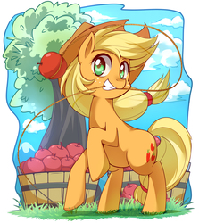 Size: 2460x2760 | Tagged: safe, artist:caibaoreturn, applejack, earth pony, pony, art pack:mlp caibao, g4, apple, female, food, hat, high res, lasso, mare, rearing, rope, solo
