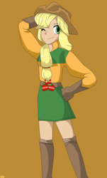 Size: 1024x1691 | Tagged: safe, artist:artfrog75, applejack, human, g4, boots, clothes, cowboy hat, cute, denim skirt, female, gloves, hat, humanized, simple background, skirt, solo, stetson