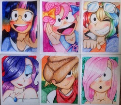 Size: 1280x1114 | Tagged: safe, artist:artfrog75, applejack, fluttershy, pinkie pie, rainbow dash, rarity, twilight sparkle, human, g4, :o, glasses, humanized, mane six, one eye closed, open mouth, traditional art, watermark, wink