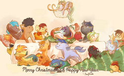 Size: 3830x2352 | Tagged: safe, artist:segraece, oc, oc only, changeling, g4, chibi, christmas, christmas tree, cute, group, high res, ocbetes, table, tree