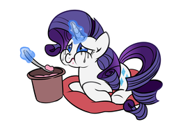 Size: 1400x1000 | Tagged: safe, artist:haden-2375, rarity, pony, g4, :t, bucket, comfort eating, crying, eating, female, food, frown, ice cream, levitation, magic, makeup, marshmelodrama, nose wrinkle, pillow, prone, puffy cheeks, running makeup, sad, simple background, solo, spoon, telekinesis, underhoof, white background
