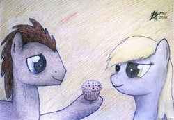 Size: 2826x1960 | Tagged: safe, artist:ponystarpony, derpy hooves, doctor whooves, time turner, pegasus, pony, g4, female, food, hoof hold, mare, muffin, traditional art