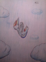 Size: 576x768 | Tagged: safe, artist:ponystarpony, rainbow dash, pony, g4, cloud, falling, female, solo, traditional art